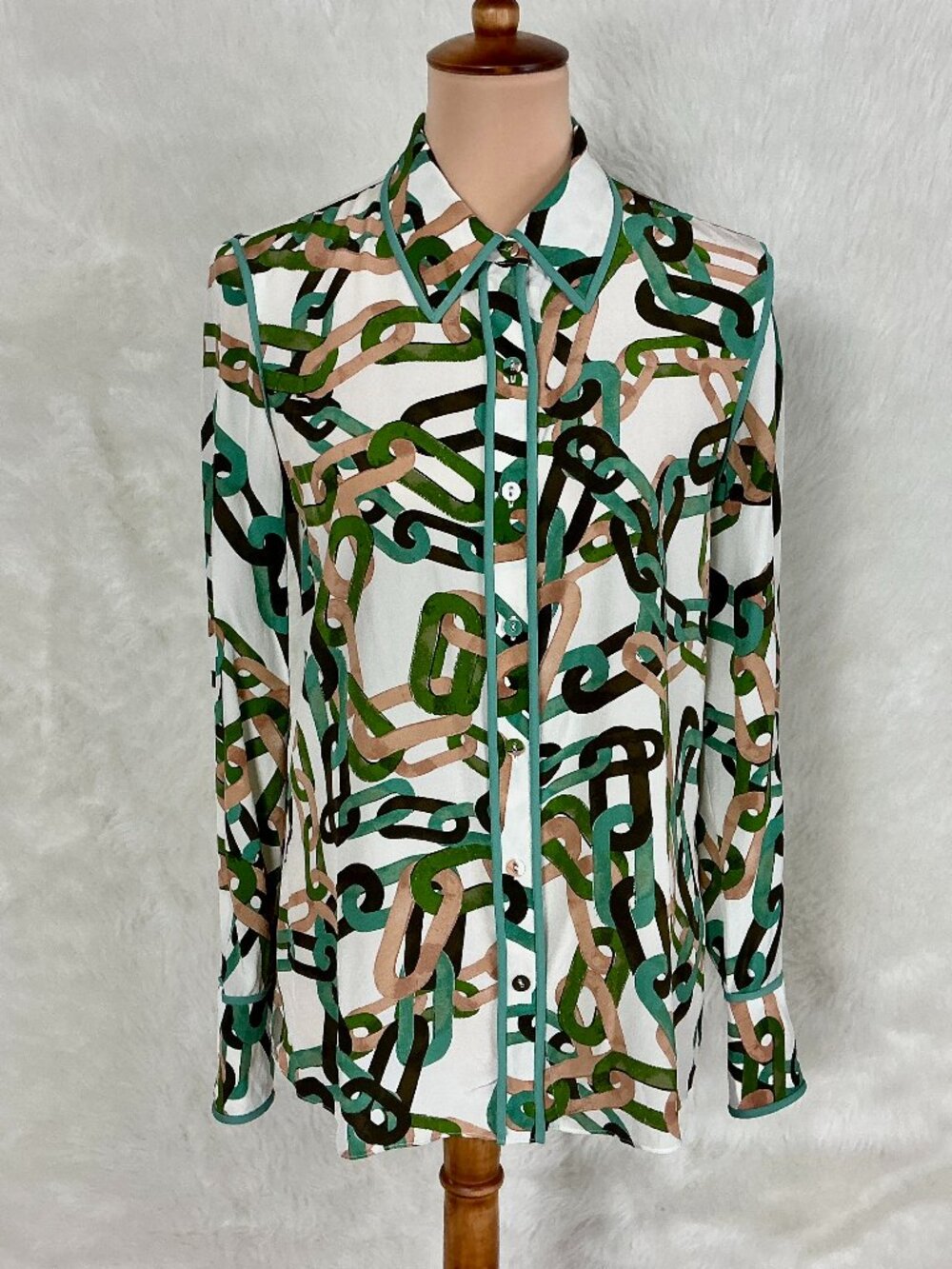 Diane Von Furstenberg Kate Silk Crepe De Chine Ivory Pink Green Chain Blouse 4